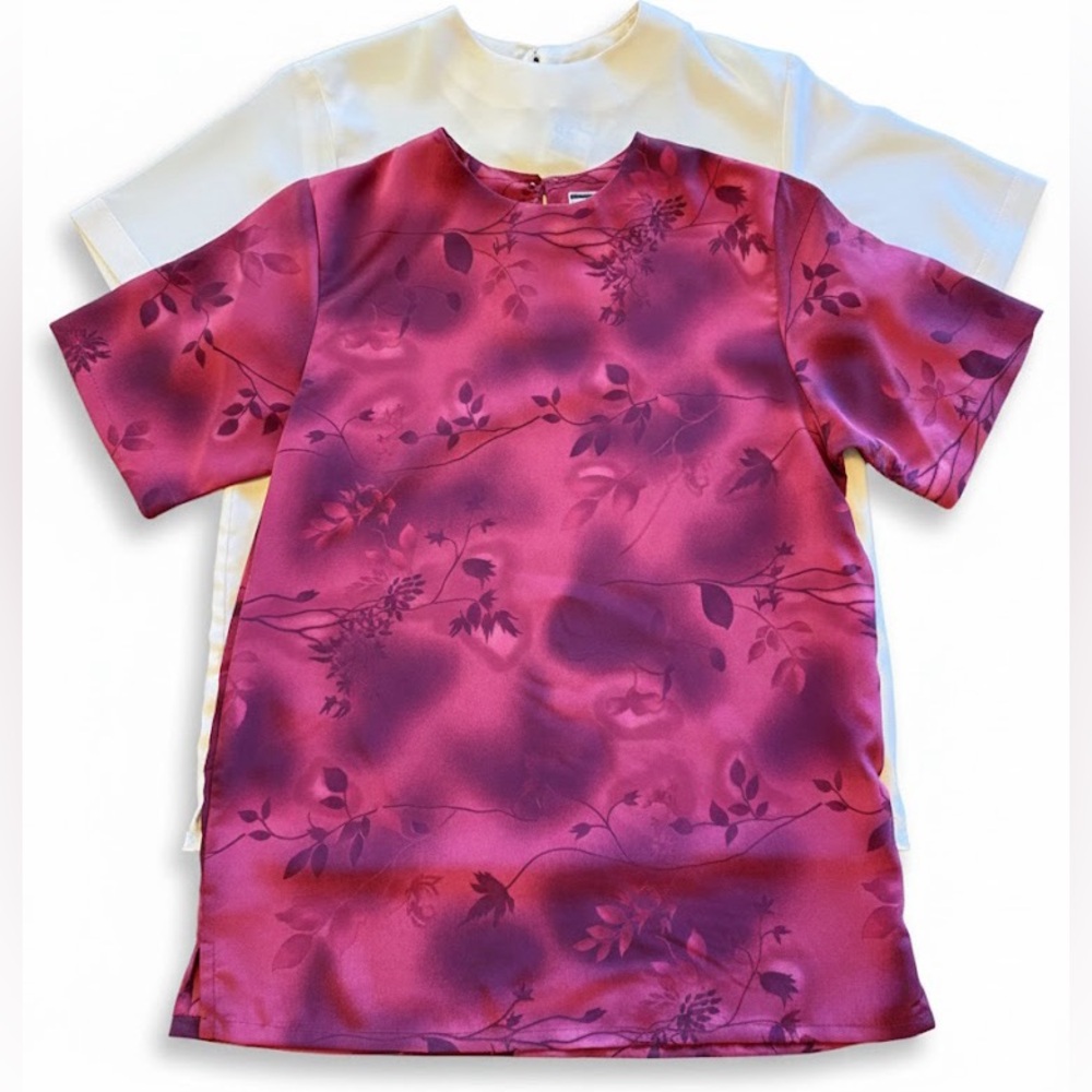Olivia James VINTAGE 2 Pc. Short Sleeve Sheer Dress Shirts Burgundy/Cream Small
